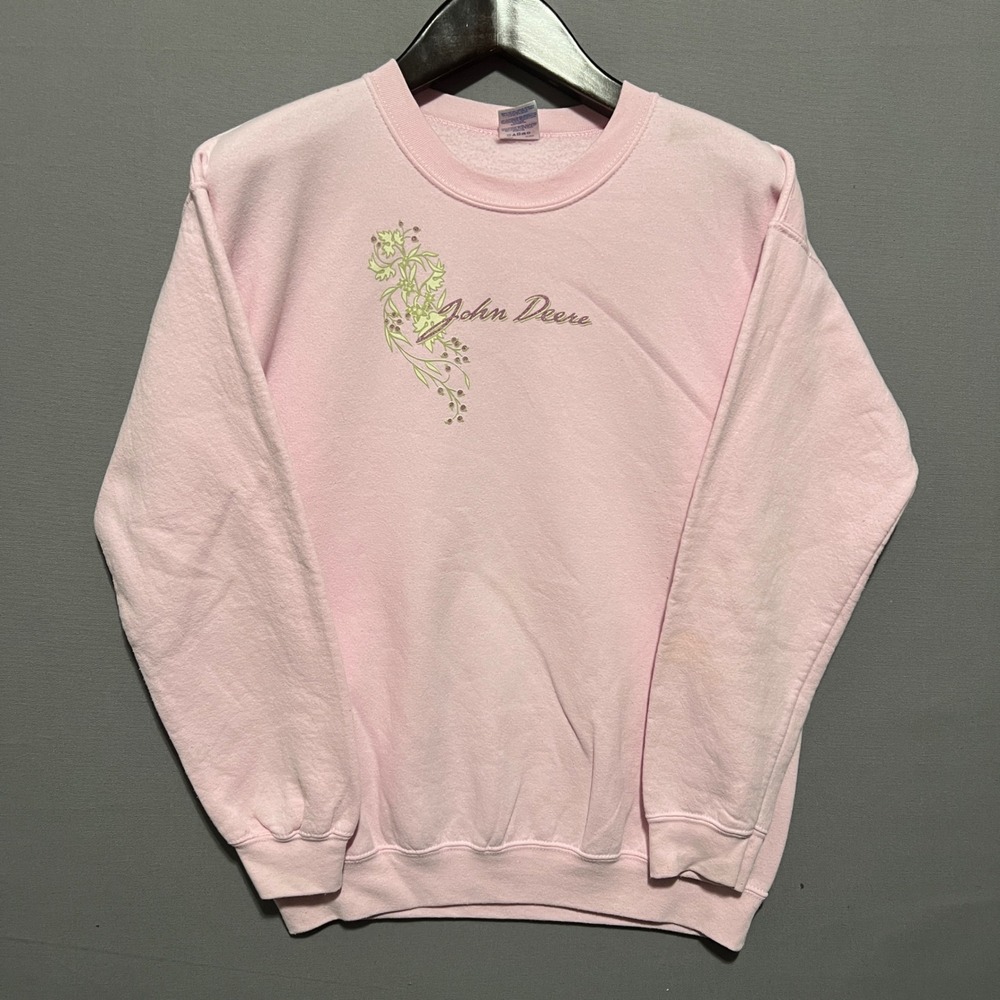John Deere Floral Embroidered Pink Crewneck Sweatshirt Gildan Heavy Blend Medium